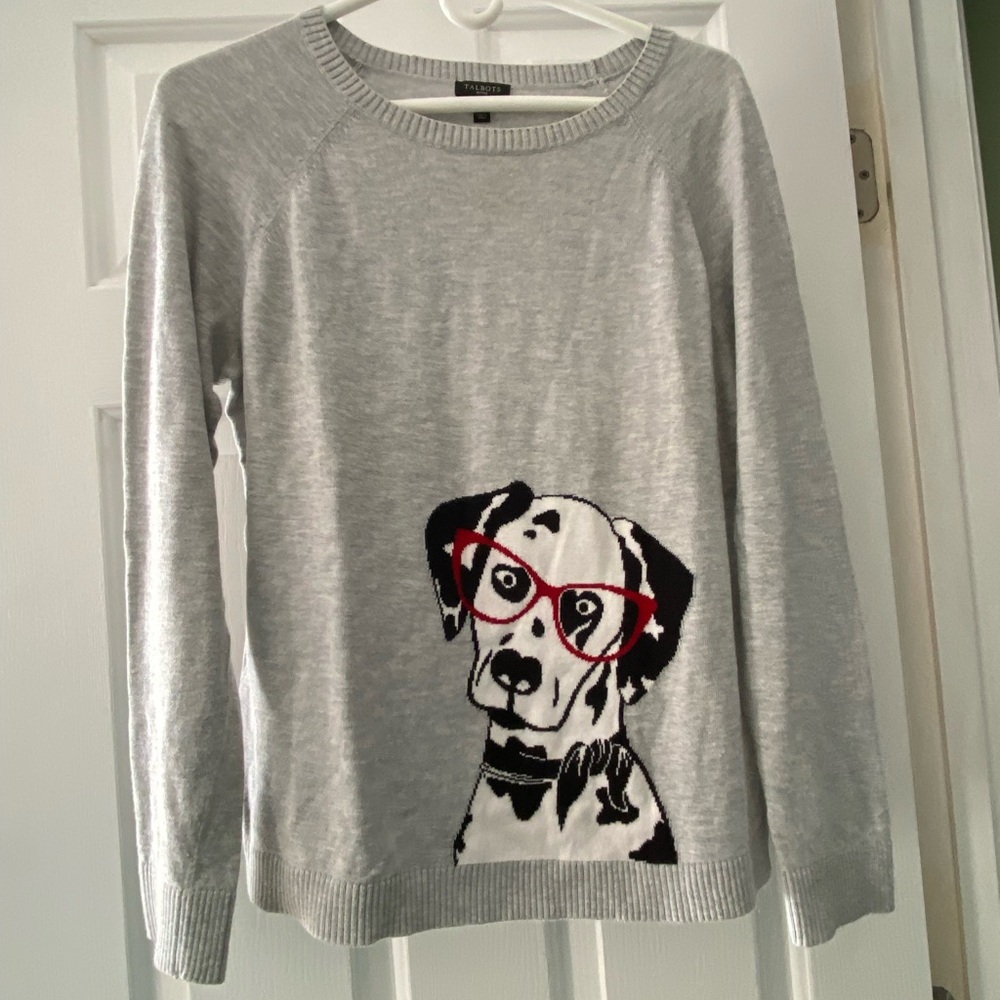 Talbots Gray Sweater with Dalmatian and Red Accents